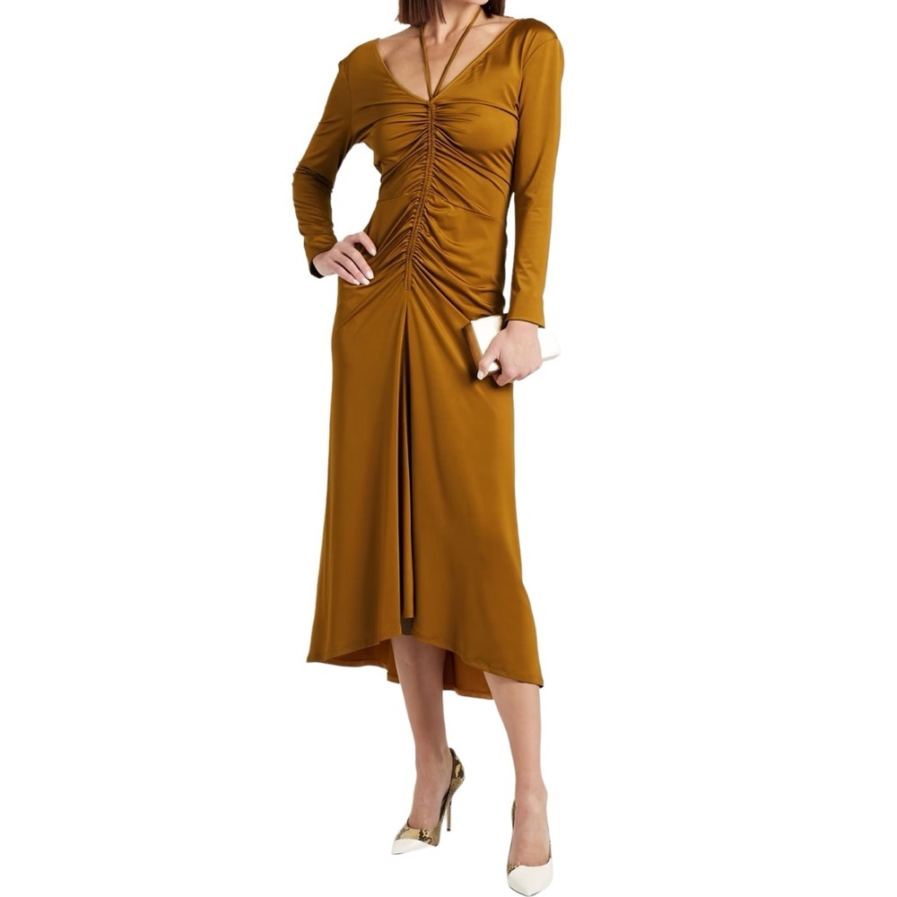 Veronica Beard Gilbert Ruched Stretch-Jersey Midi Dress Antique Gold 4 NWT